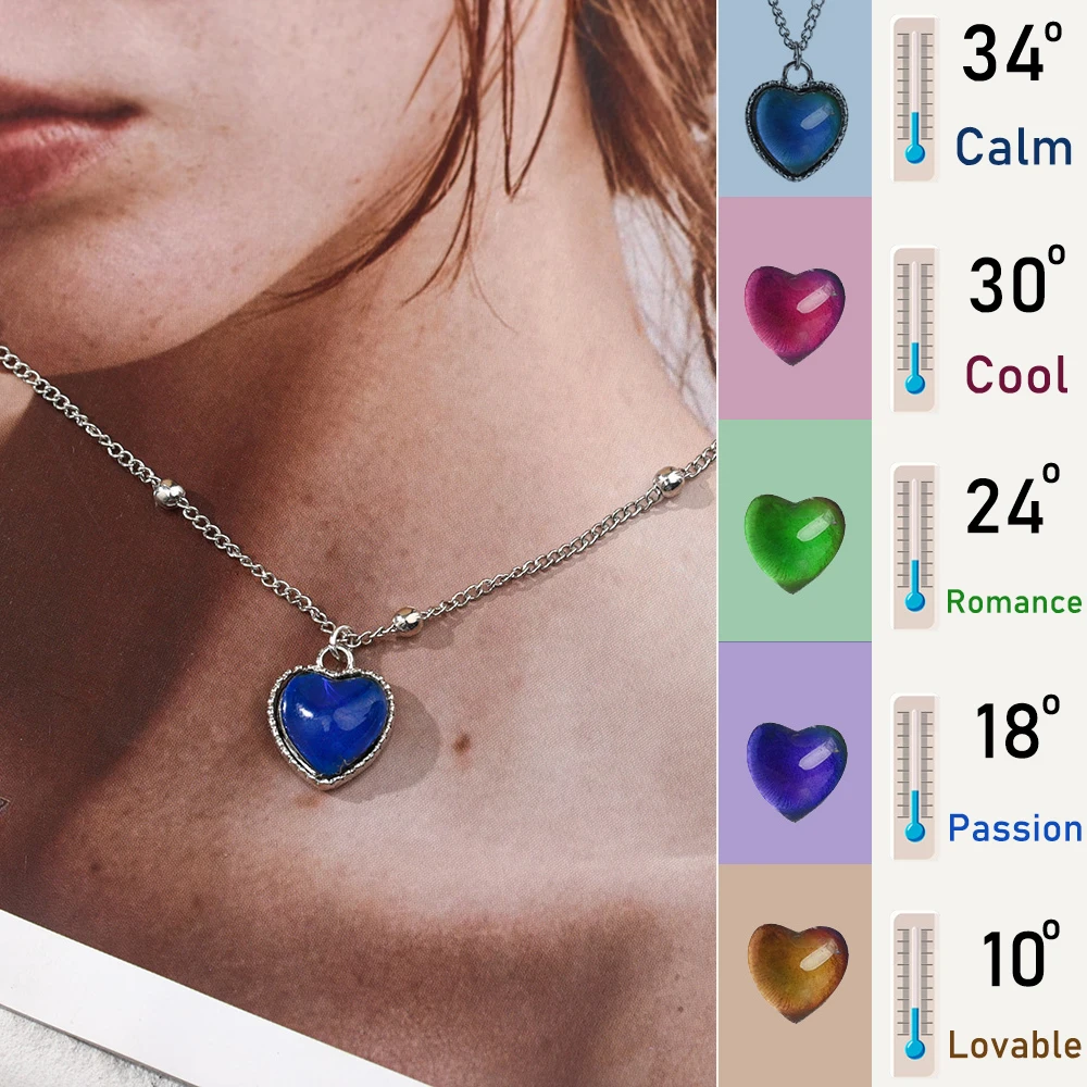 

Thermochromic Mood Monitor Heart Pendant Necklace Color Change As Emperature Women Girls Clavicle Chain Necklaces Lover Jewelry