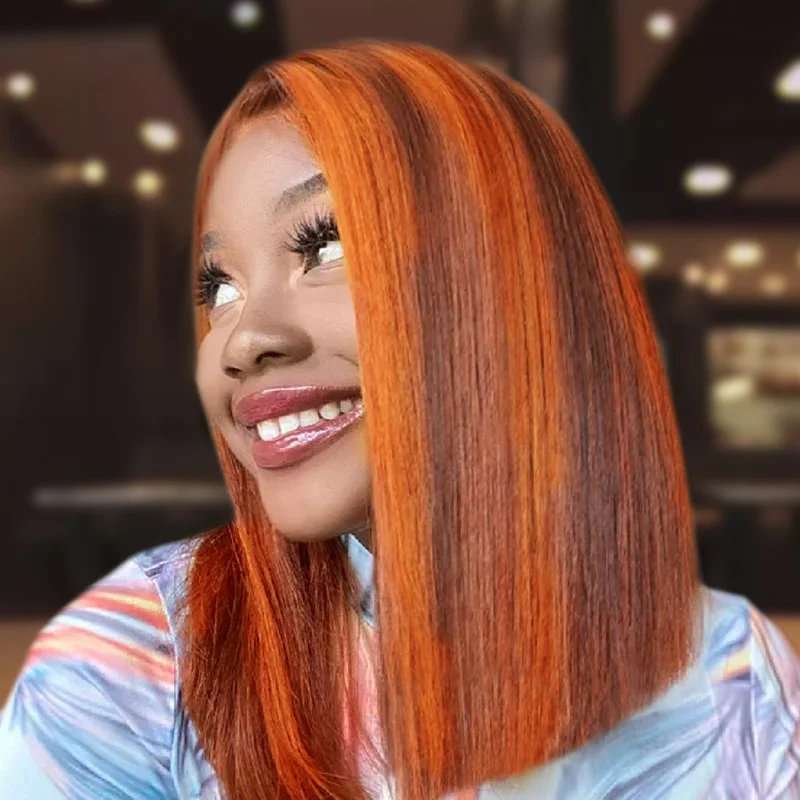 4/350 Brown Ginger Orange Color 200%Density Straight Short Wig 14Inch Transparent Lace Human Hair Bob Wigs Pre Plucked