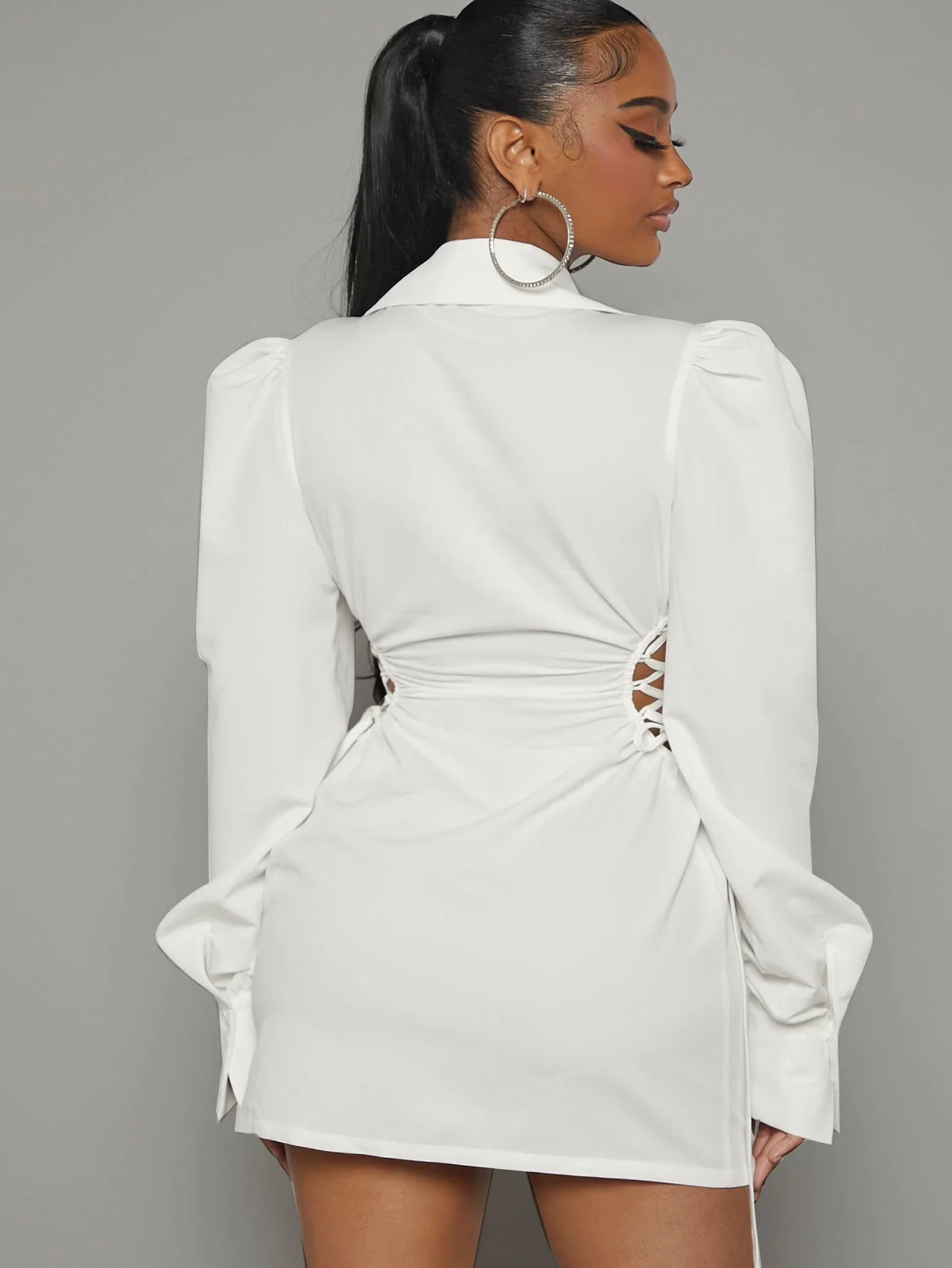 

Lace Up Side Puff Sleeve Shirt Dress White Mini