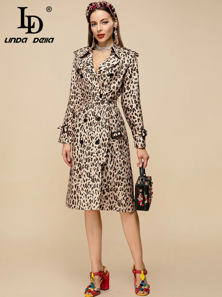 LD LINDA DELLA 2023 Designer Spring Fashion Trench Coat Women\'s Long sleeve Belted Vintage Leopard print Outwear Overcoat