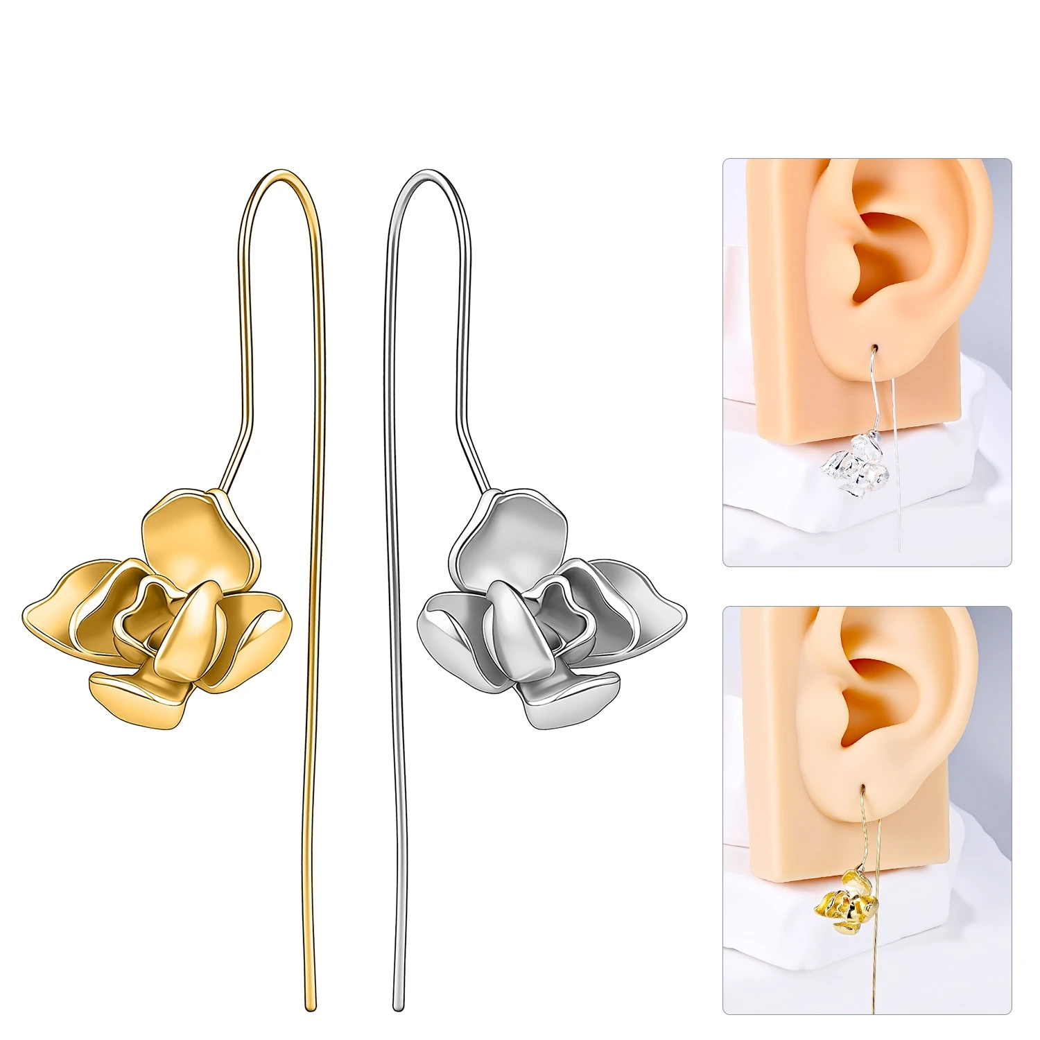 AOEDEJ 0.7MM 1 Pair Trendy Hook Earrings Women Girls Trendy Ear Hook Uniqe Flower Shape Gold Silver Color Lobe Piercings Jewelry
