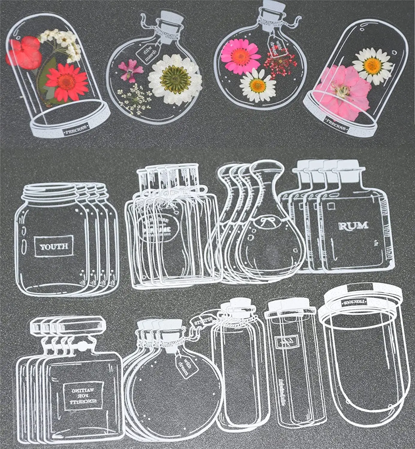 手作りの透明なドライフラワーのしおり,30個,植物ステッカー,本のページクリップ,ボトルの形をした願い,DIY