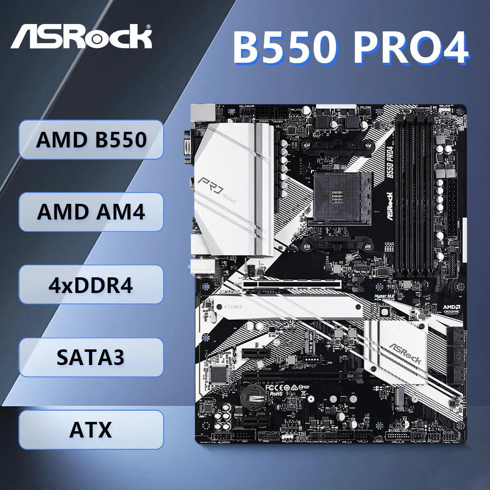 

ASROCK B550 PRO4 Motherboard with AMD B550 Chipset, Support AMD AM4 Socket Ryzen 9 5950X, Ryzen 7 5800X3D 4 x DDR4 128GB ATX.