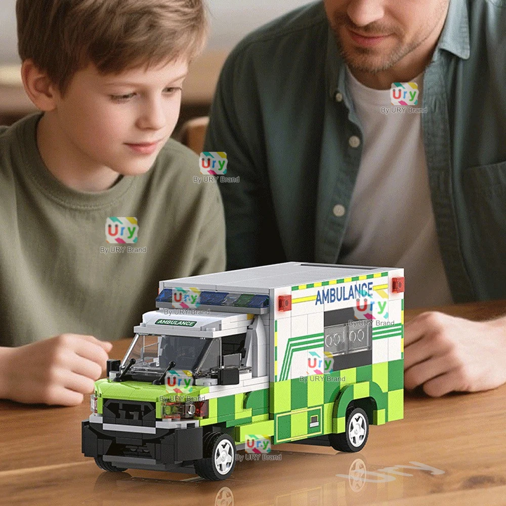 City Series Traffic Green Ambulance Escort Car Van Vehicle Technical Set Model MOC Building Blocks DIY Toys for Children Gifts