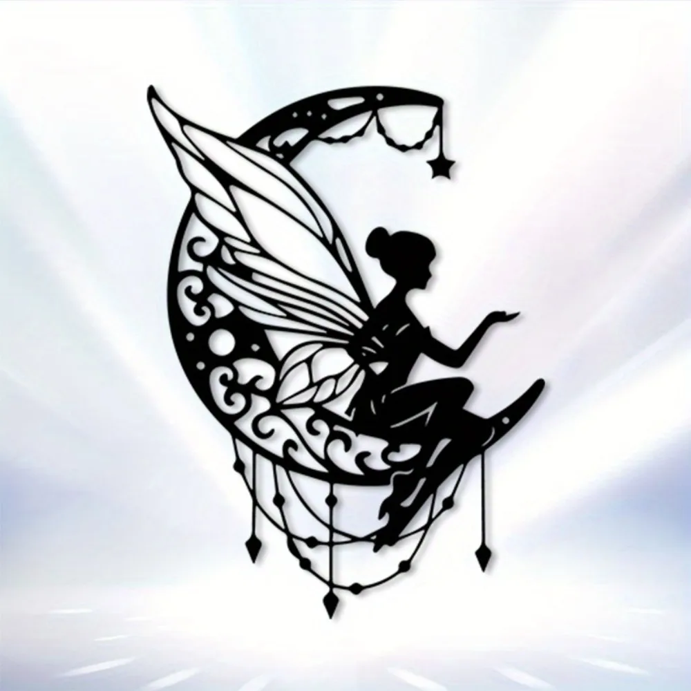 Alivion Forged Moon Fairy Metal Wall Art Black Interior Decor Rustproof Waterproof Hanging Ornament