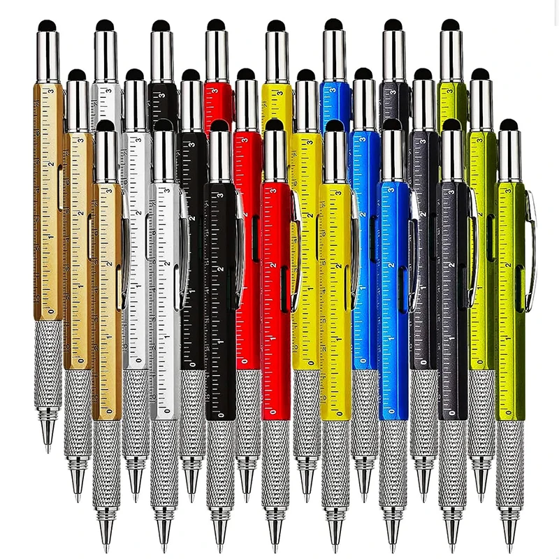 16Pcs Tool Pen 6-in-1 Multitool Tech Tool Pen with Ruler Level Gauge Ballpoint Pens Stylus Pen Slotted Screwdriver Multifunction