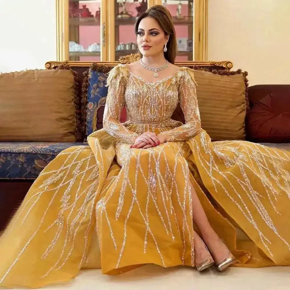 

Gorgeous Yellow Sweetheart Evening Dresses Long Sleeve Appliques Sequined Chapel Train Prom Dress Formal Occasion Gowns 2024