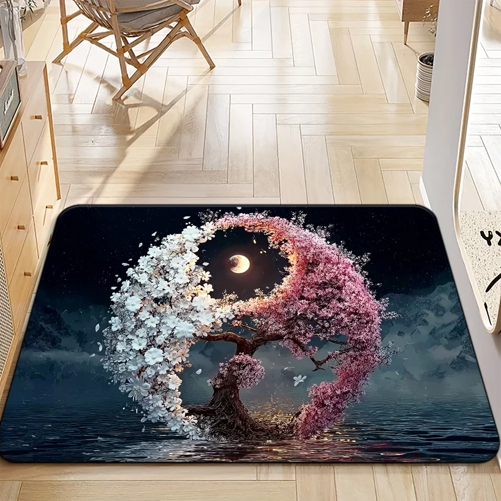 2D Flat Yin Yang Cherry Blossom Tree Moon Flannel Area Rug Non Slip Zen Nature Carpet for Living Room Yoga Studio Decor
