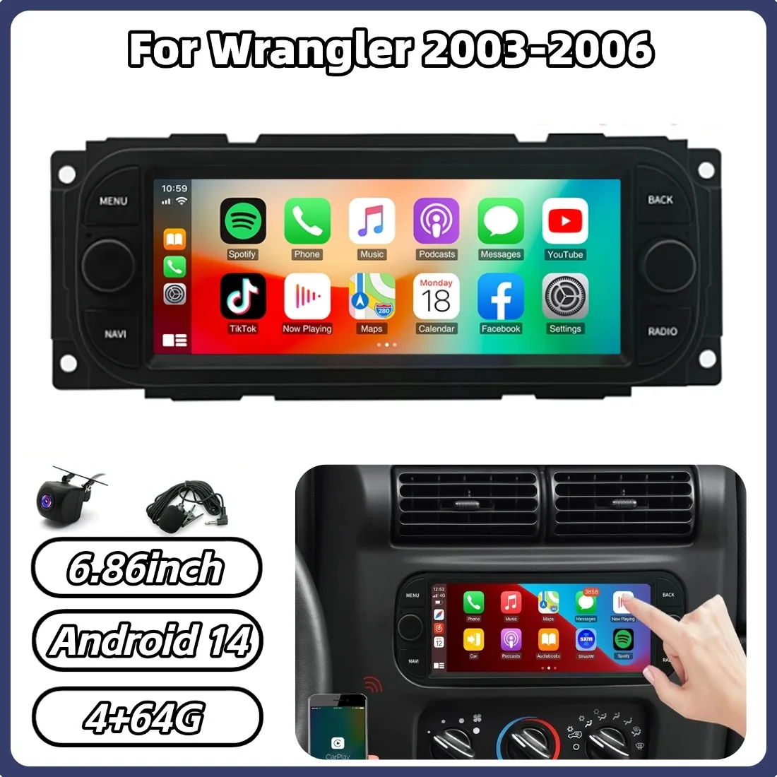 

Автомагнитола 4+64G для Wrangler 2003-2006, 6.86 дюйма, с поддержкой Carplay, Android Auto, управлением с руля, GPS-навигацией, головное устройство
