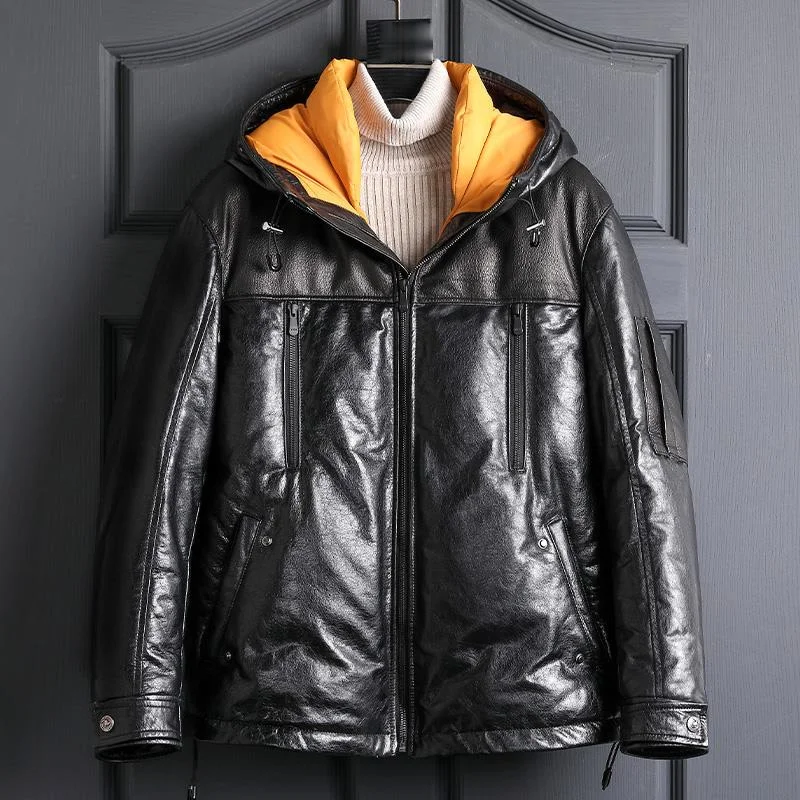 New Fashion Casual Real Leather Down Jacket Mens Retro Sheepskin Hooded Clothes Coat