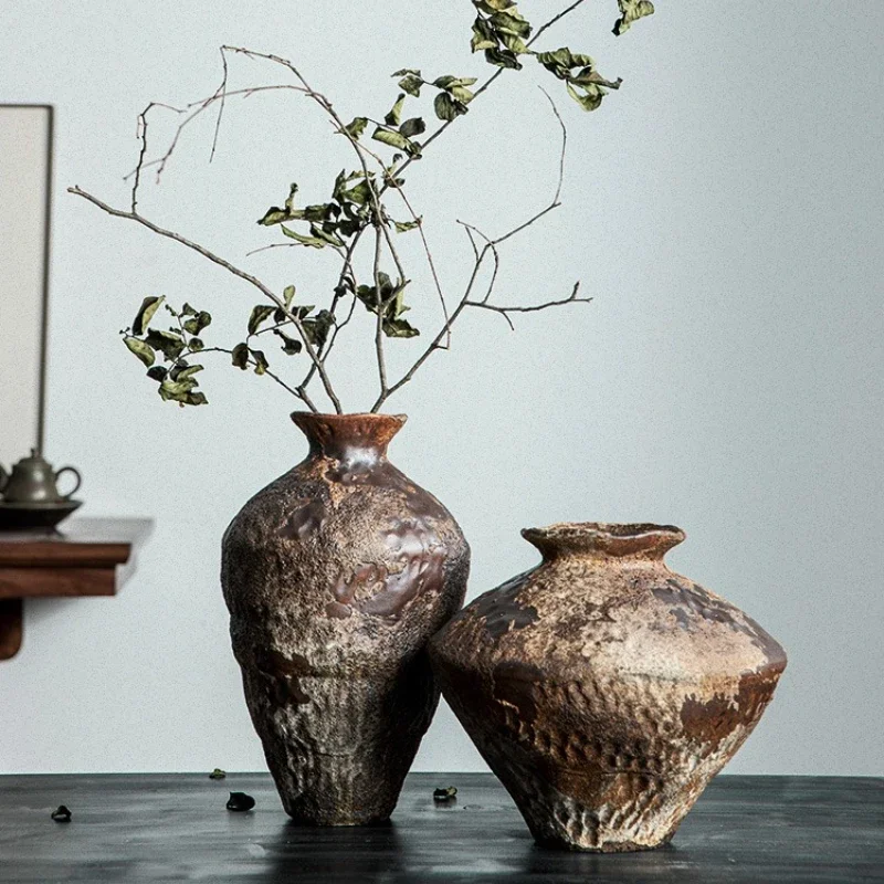 Wabi Sandy Wind Zen Ornament Large Coarse Pottery Pot Handmade Flower Arrangement B & B Hotel Retro Nostalgic Ceramic Vase