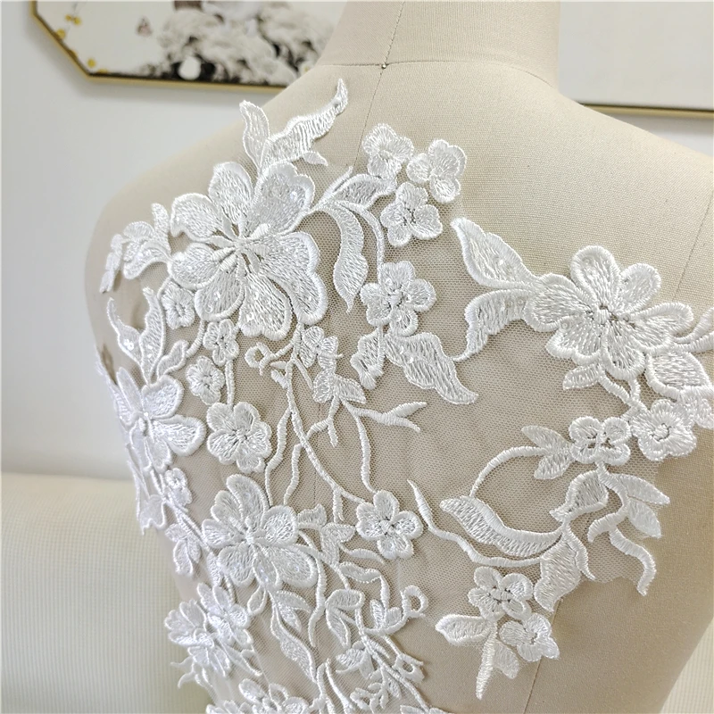 Hochzeitskleid-Kopfschmuck, Rückenbesatz aus Mesh, Stickerei-Pailletten, Blumenstoff-Applikation, DIY Handgemachte Applikation, RS4064, 2 Stück/Paar – Detail 7