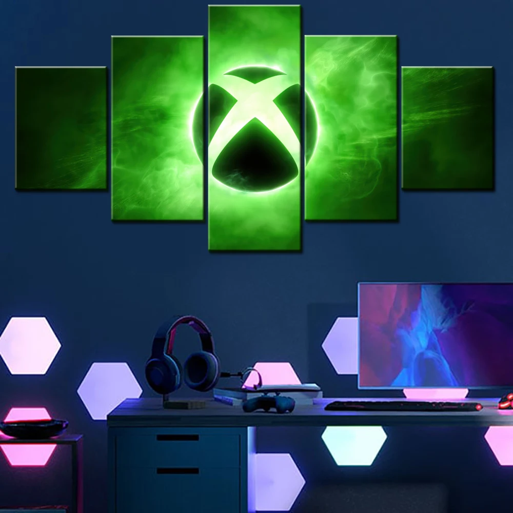 

5 Pieces Canvas Wall Arts Poster Painting Technology Xbox Logo Green Background Wallpaper Home Decor Picture Printing Mural