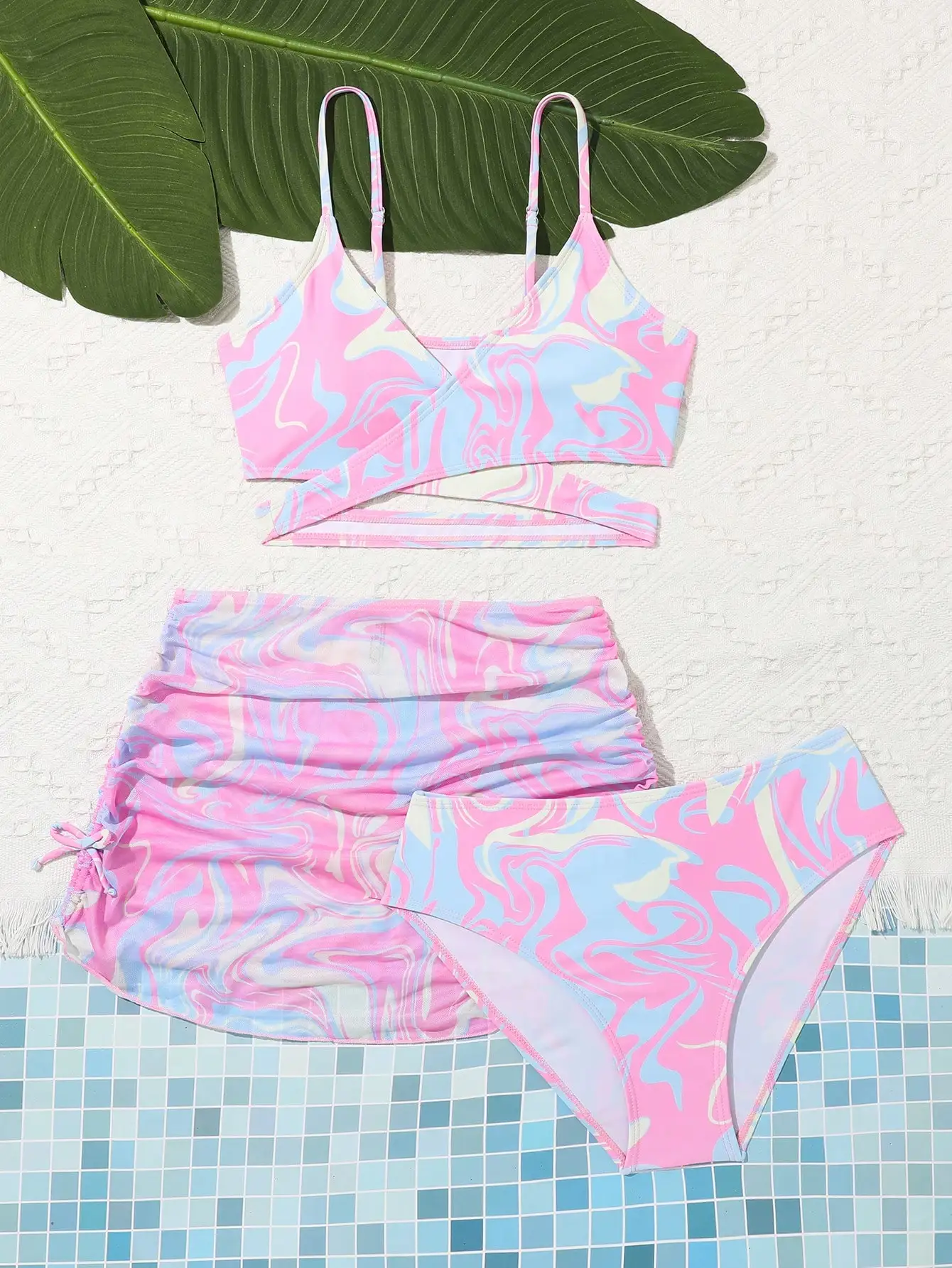 

Pink Blue Swirl Print Wrap Bikini Set With Beach Skirt