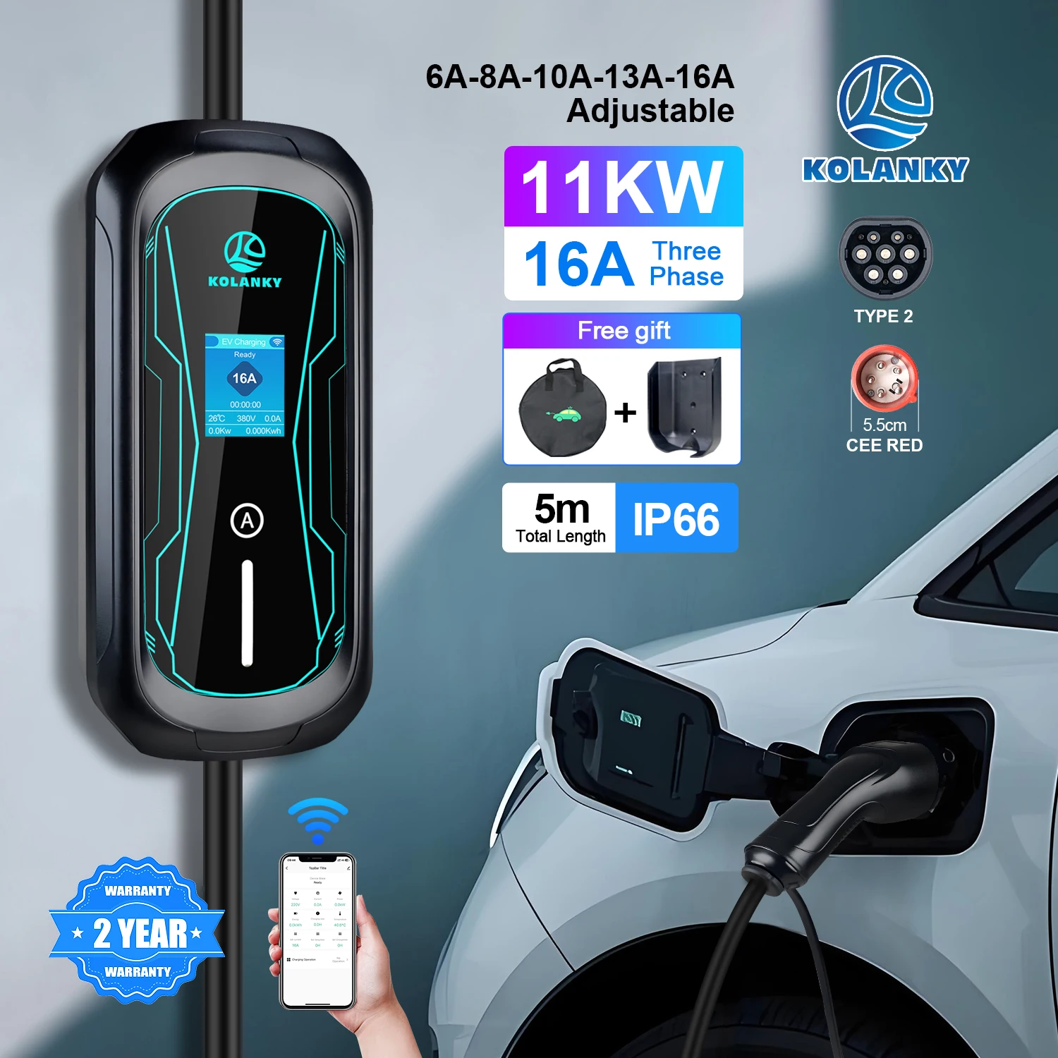 Kolanky Mobile EV Charger 16A 3P 11KW Type 2 IEC-62169 Adjust Current Via Tuya App Control Charging For EU Electric Vehicle