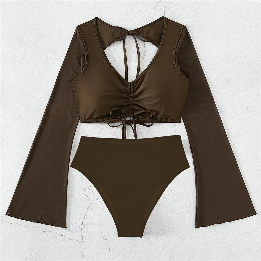 Drawstring Front Tops Bikinis 2023 Women High Waist Swimsuit Summer Long Sleeved Swimwear Female Bathers Swimming Suit Beachwear