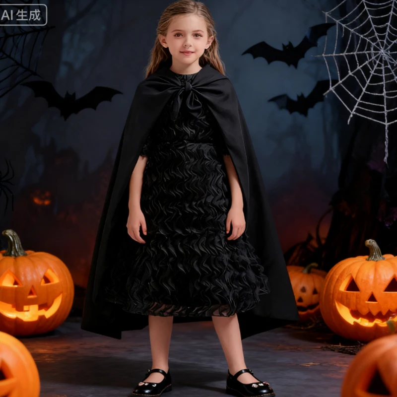 

Kids Halloween Costume Black Witch Dress With Cloak Costume Girls Witch Costume Dresses Carnival Cosplay Birthday Party Outfit