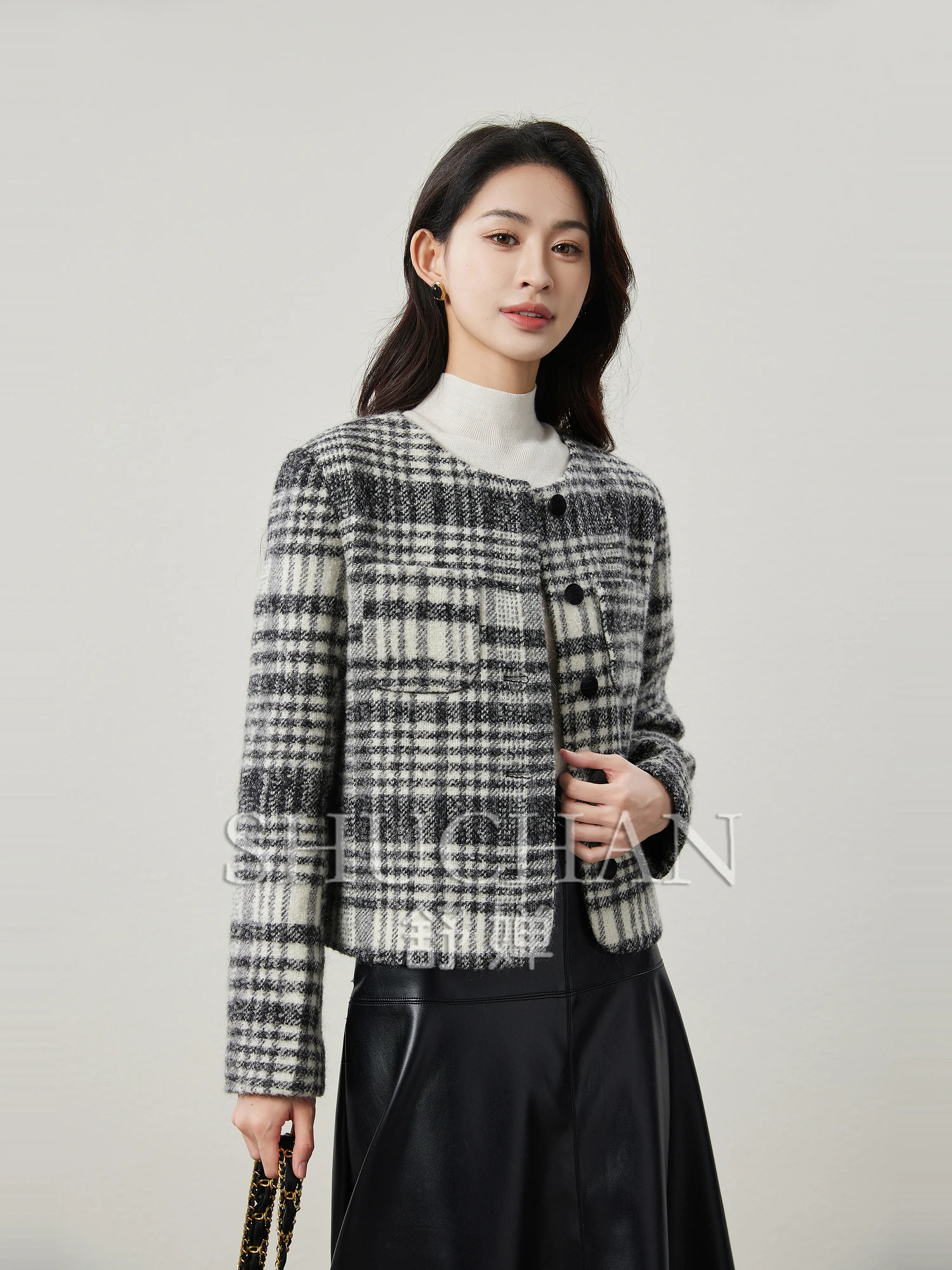 

British Style, Retro Black and White Plaid, Mohair 73% Wool Blend Round Neck Short Jacket 24 Autumn Casaco Feminino