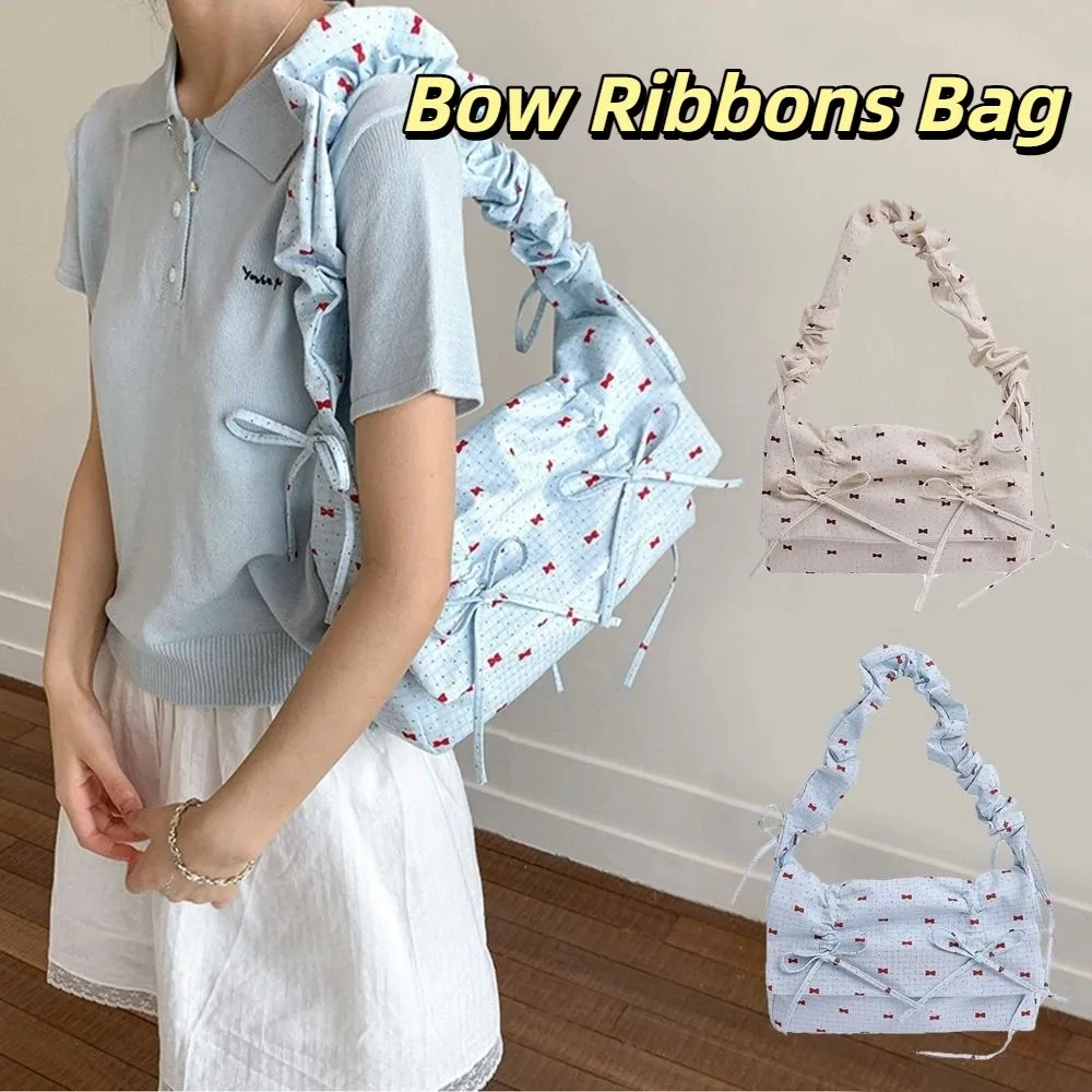 

Fashion Korean Bow Ribbons Bag Leisure Y2k Pleated Shoulder Bag Sweet Versatile Women's Underarm Bag Summer
