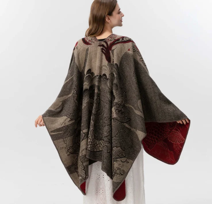 Poncho New Chinese Style Women's Shawl Scarf - Niche Fashion Thicker Koi Print Cape Travel Photo Outerwear Sweater Cloak P2