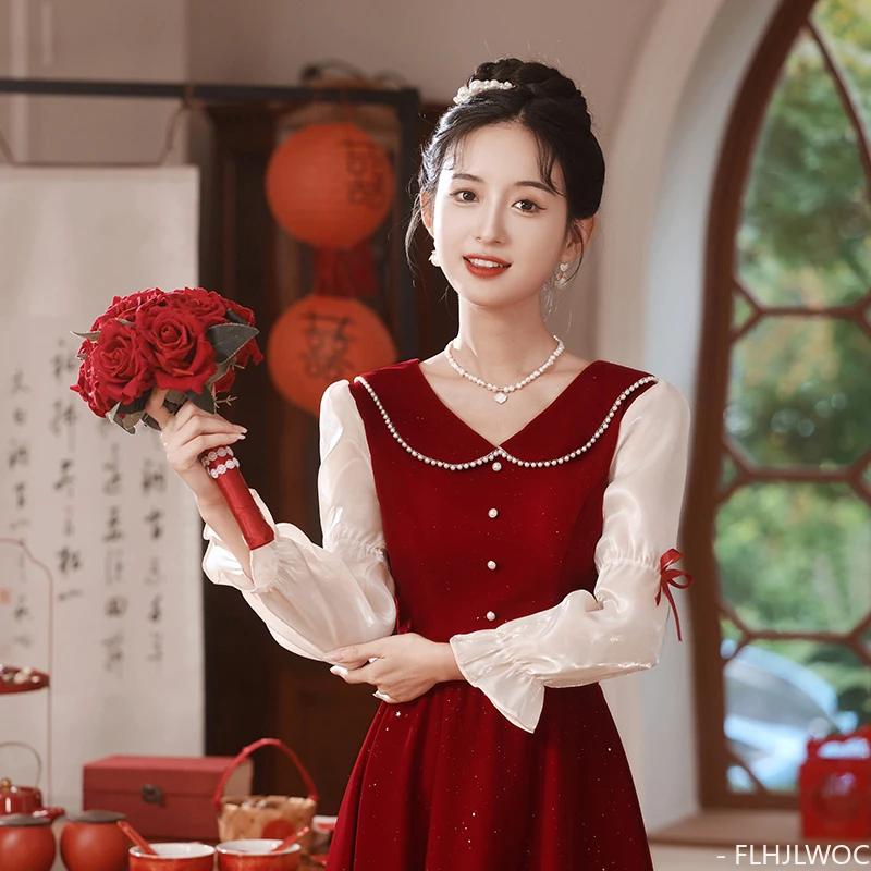 New Year Christmas Chic Elegant Annual Meeting Red Dress Women Square Neck French Design Bling Beaded Bride Long Velvet Dresses