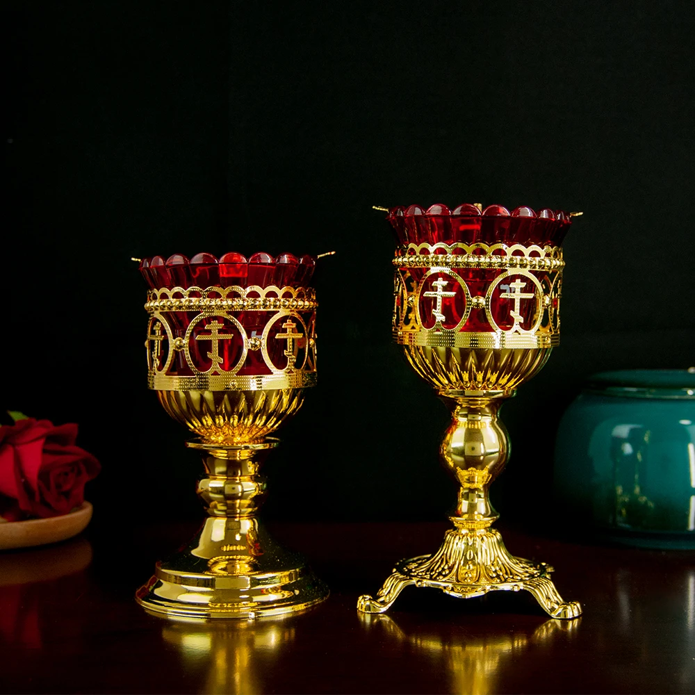Orthodoxe Schwanzlampe, vergoldete Zinklegierung, rote Glasbecher, Kreuzmotive, Kirche, Zuhause, Schreihe, 2 Stile