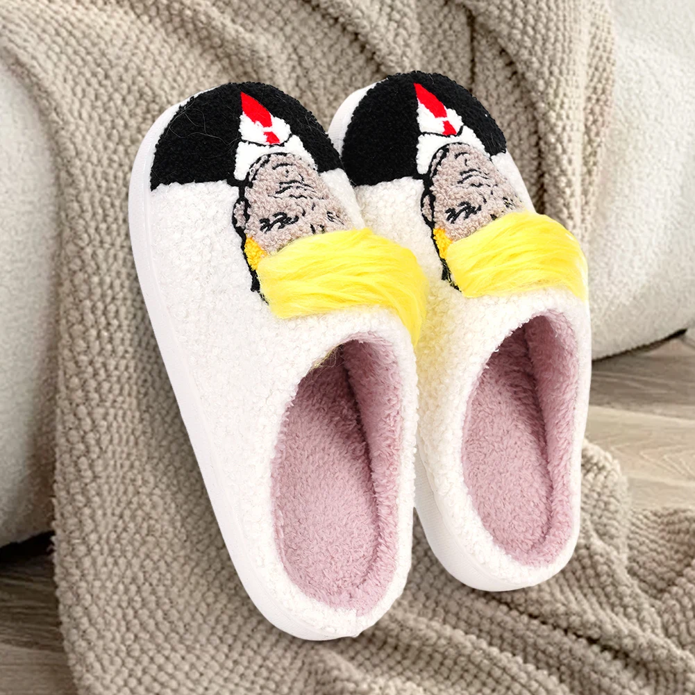 Plush Trump Wig Slippers Funny Thermal Slippers Non-Slip Fluffy Home Slippers Creative 3D Fake Hair Furry Slipper for Men Women