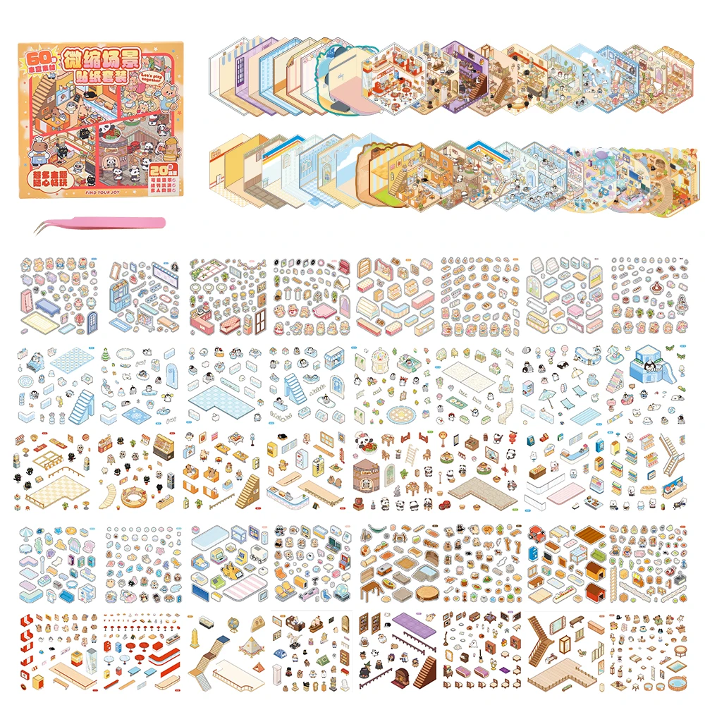

61Pcs 3D Landscaping Sticker Kit With 40 PET Stickers 20 Scene Cards And 1 Tweezer Stereoscopic House Miniature Scene Stickers
