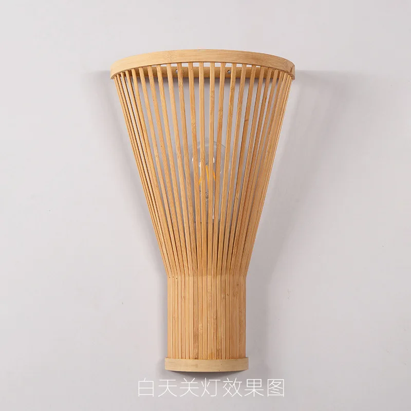 Classic Bamboo Wood Lustre Wall Sconce Lamp Rustic Ceiling Rattan Wicker Light Handmade Art Craft for Home Living Bed Room Decor