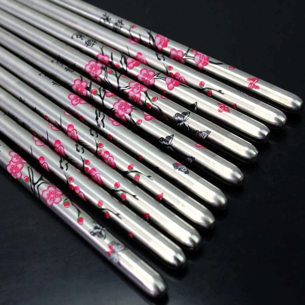 

5 Pairs Household Plum Stainless Steel Chopsticks Flowers Reusable Portable