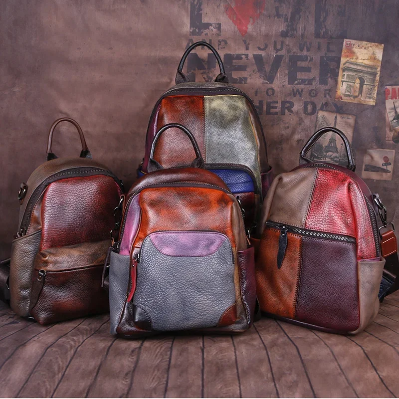 Colourful Retro Cowhid Women Small Backpack Genuine Leather Fashion School Packsack Female Student Casual Knapsack Bag