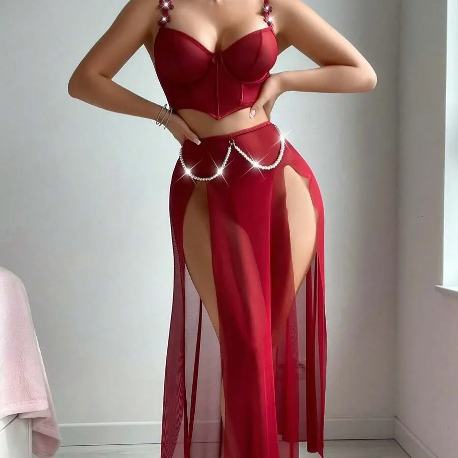 

Sheer Mesh Bodysuit with Pearl Chain Accents Lingerie for Women Teasing Transparent Tulle Skirt & Chain Details Party Outfit