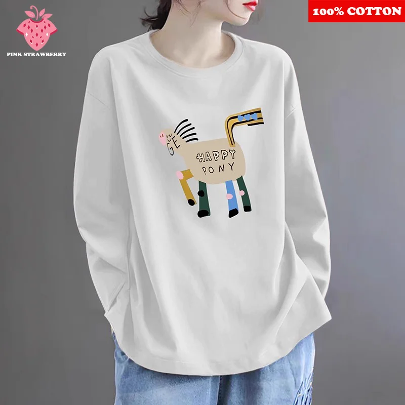 

Cartoon Animal Print T-shirt Women Autumn 2025 New 100% Cotton Oversize Black Long sleeves T-shirt Loose Y2k Top Ladies clothing