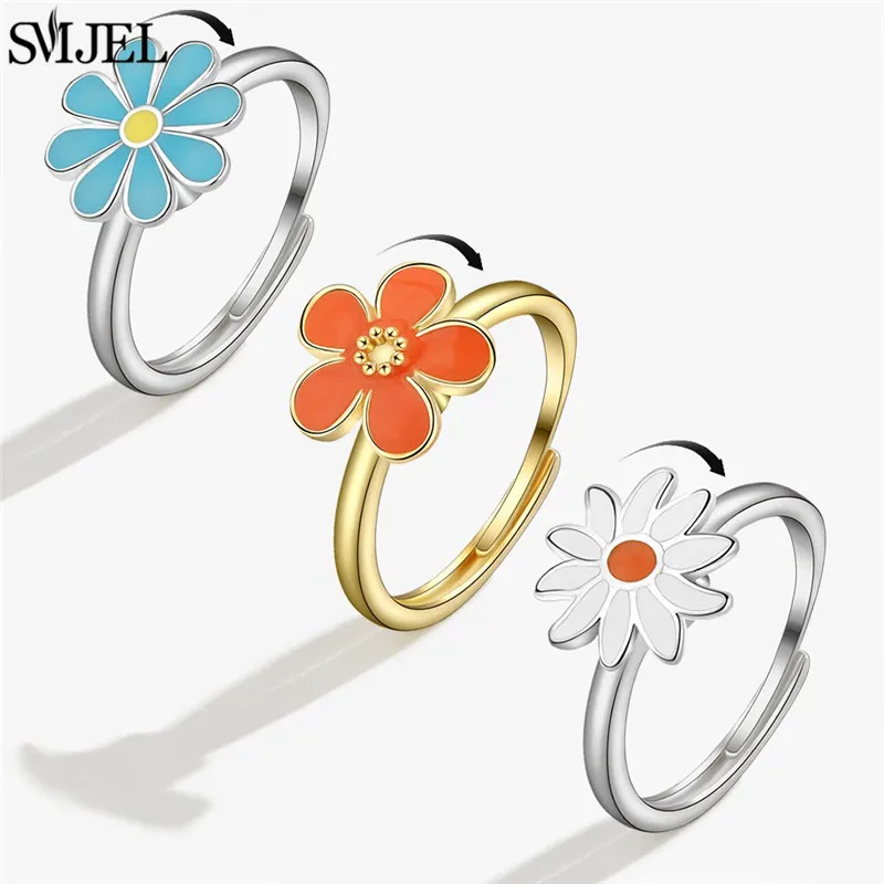 SMJEL Fidget Spinner Ring Anxiety for Women Crystal Flower Bee Butterfly Charms Rotatable Rings Adjustable Wedding Jewelry Girls