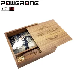 POWERONE Wedding Gifts USB 3.0 Flash Drives 128GB Wooden Photo Album + Box Pendrive 64GB Free Custom Logo Memory Stick 32GB 16GB