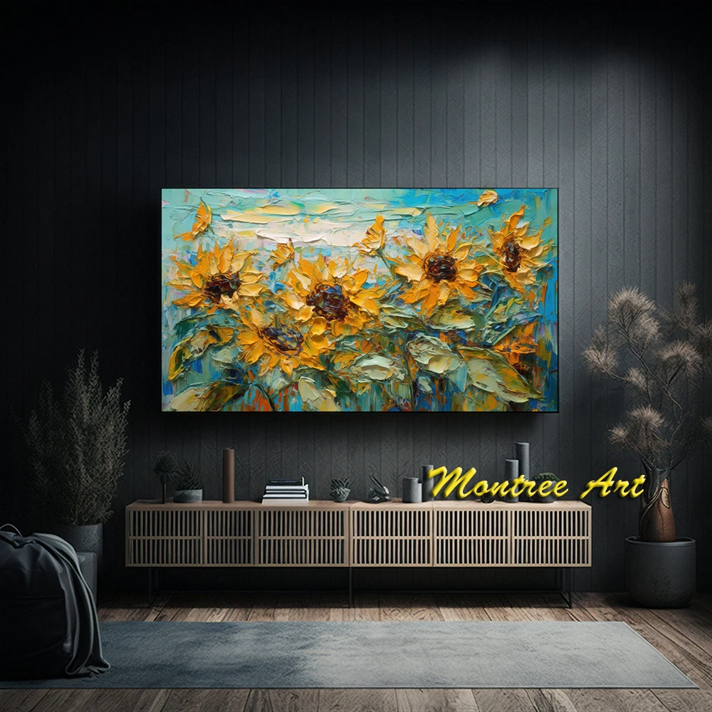 Hand Painted Oil Painting Sunflowers and Bees Palette Knife Oil Painting Van Gogh Style Turquoise Sky Warm Tones home decor