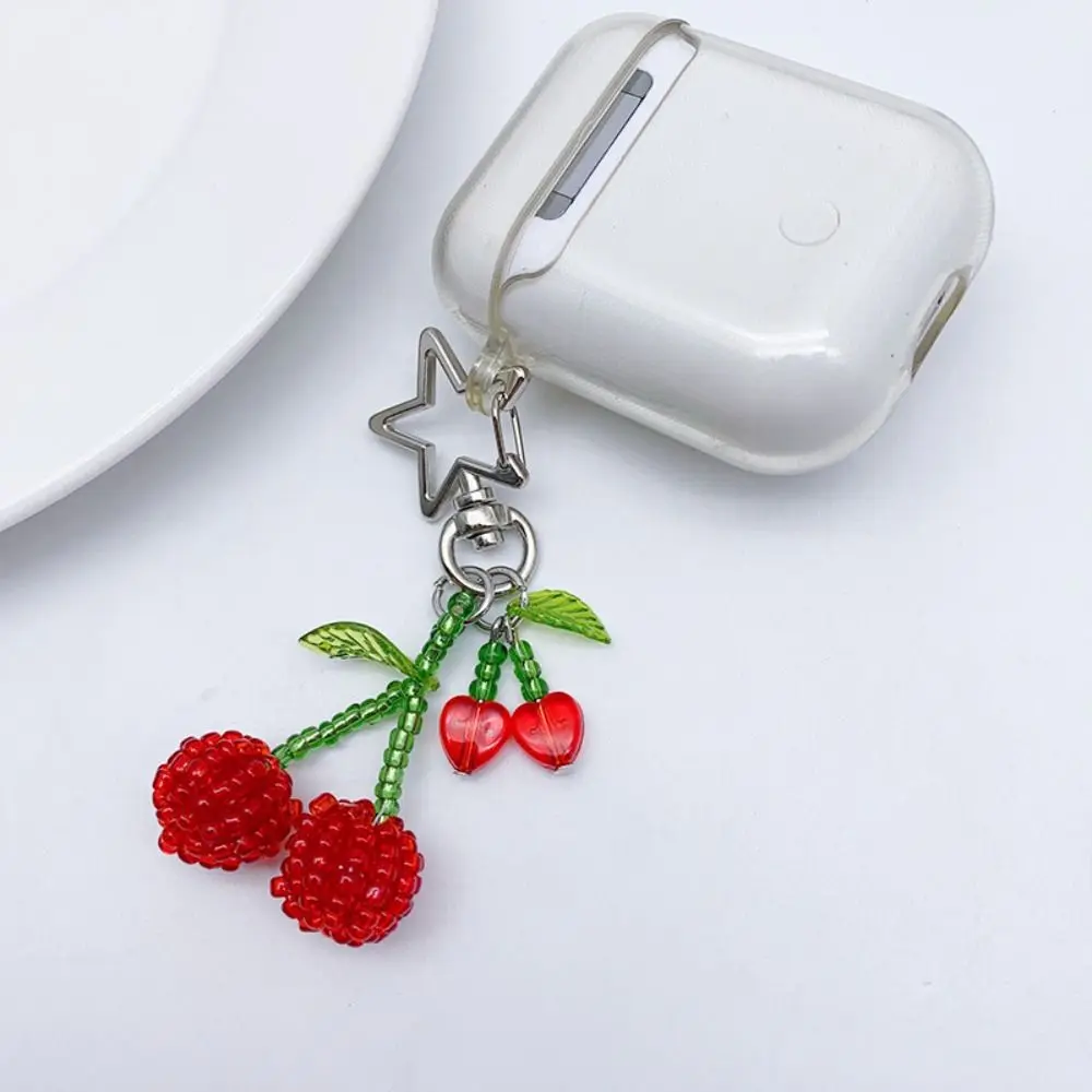 Crystal Cherry Keychain Backpack Ornament Bag Pendant Handmade Flower Keyring Key Holder Beaded Phone Chain Strap Phone Charm