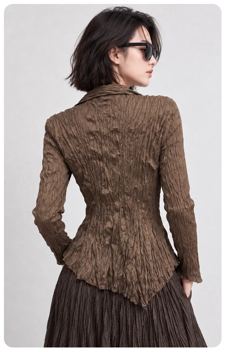 Miyake Women Crinkled Pleated Lapel Shirt 2026 New Long Sleeve Button Front Irregular Hem Slim Blouse