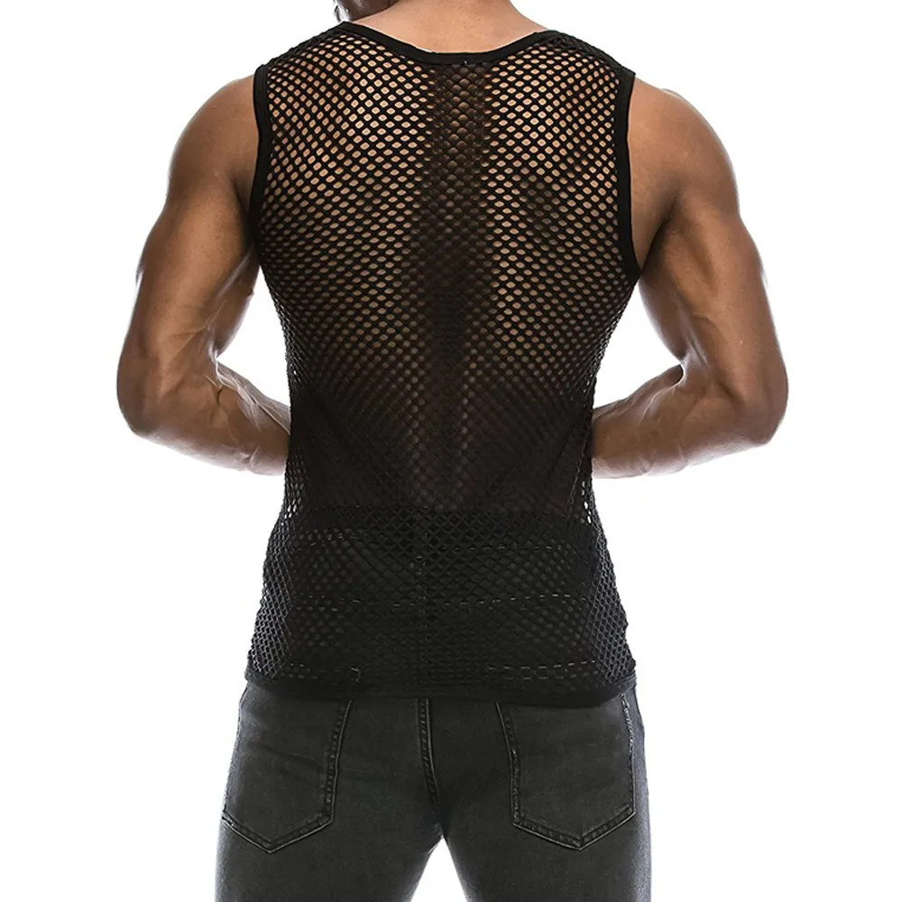 Mens Sexy Tank Top Transparent Mesh Undershirt Fishnet Vest String Sleeveless Shirts Male See Through Night Clubwear Slim Sport