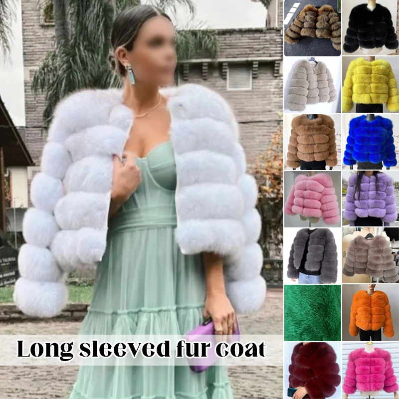 Women Faux Fur Crew Shaggy Jacket Collarless Winter Warm Cropped Top Long Sleeve Coat Horizontal Splicing Of Synthetic Fur S-3XL