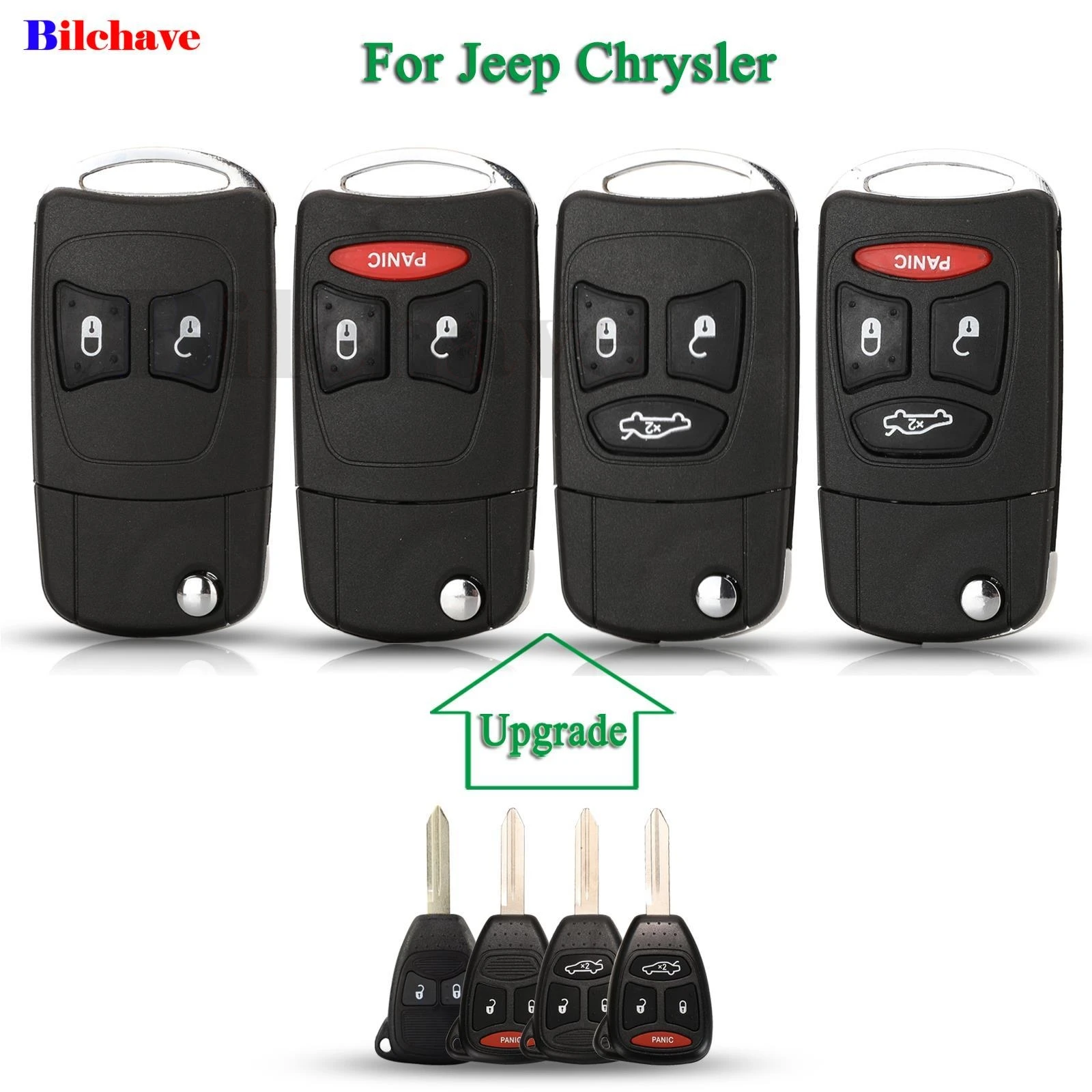 

jingyuqin 10pcs Modified For Chrysler 300C Jeep Wrangler Patriot Cruiser Fob 2/3/4 Buttons Remote Car Key Case Shell With Blade
