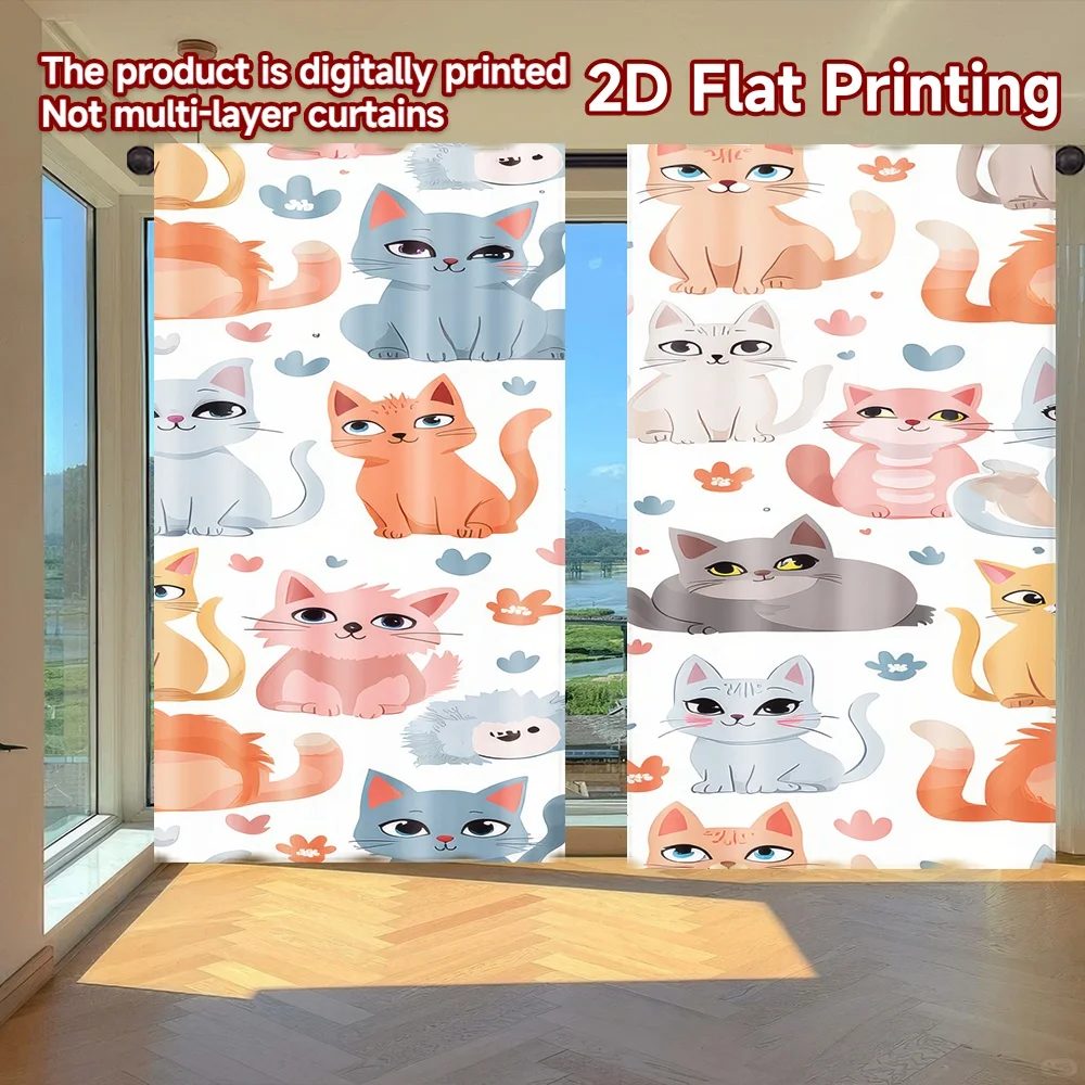 

2D flat printing 2pcs Window Drapes Colorful Cartoon Cats(1) Digital Printed Polyester Drapes Family Party for Holiday Parties