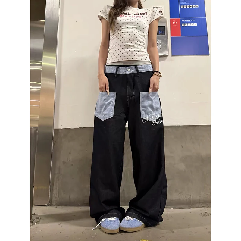 YIBASHU Women's Black Baggy Y2k Plaid Jeans Japanese 2000s Style Jeans Pants American Vintage Harajuku Oversize Denim Trousers