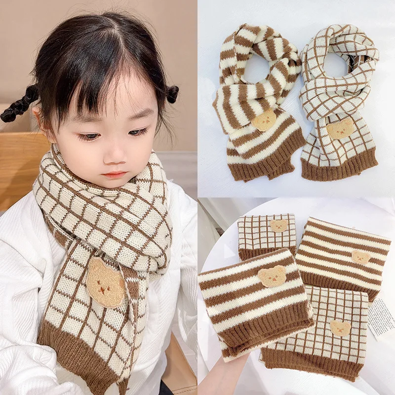 Winter New Korean Children Scarf Cute Cartoon Bear Soft Cotton Warm Knitted Baby Scarves Boy Girl Scarf