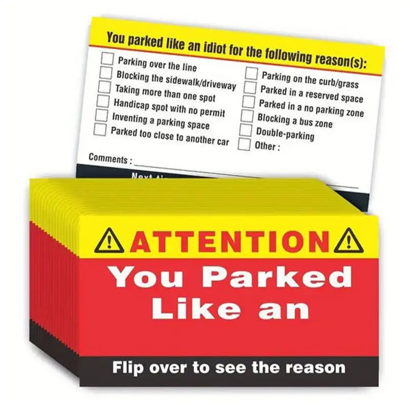 100 Pcs Bad Parking Cards You Parked Like An Idiot Funny Cardboard Parking Violation Cards with Multi Violation Reasons Humorous