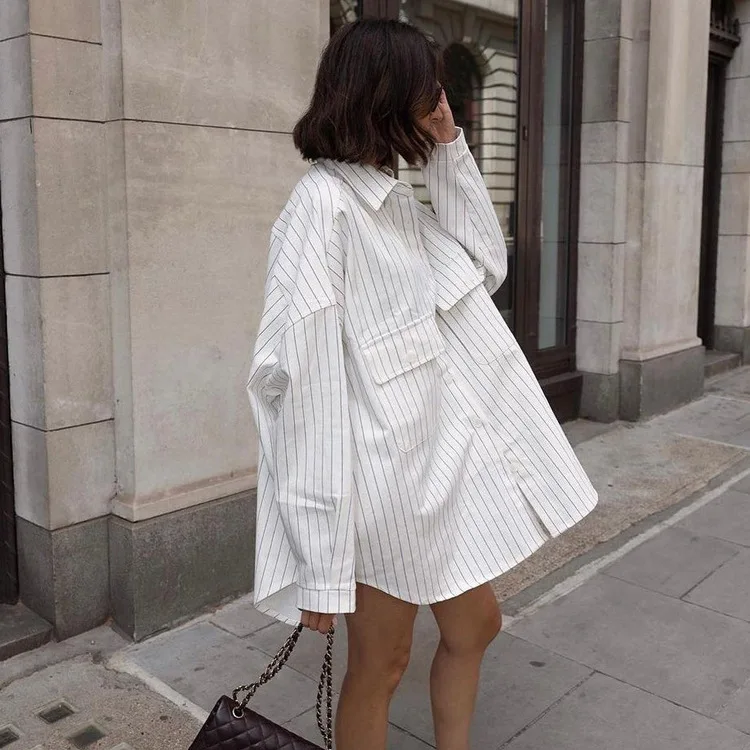Cross-Border European And American 2026 New Autumn Collared Long-Sleeve Striped Jacket, Fashionable Loose Casual Women's Shirt