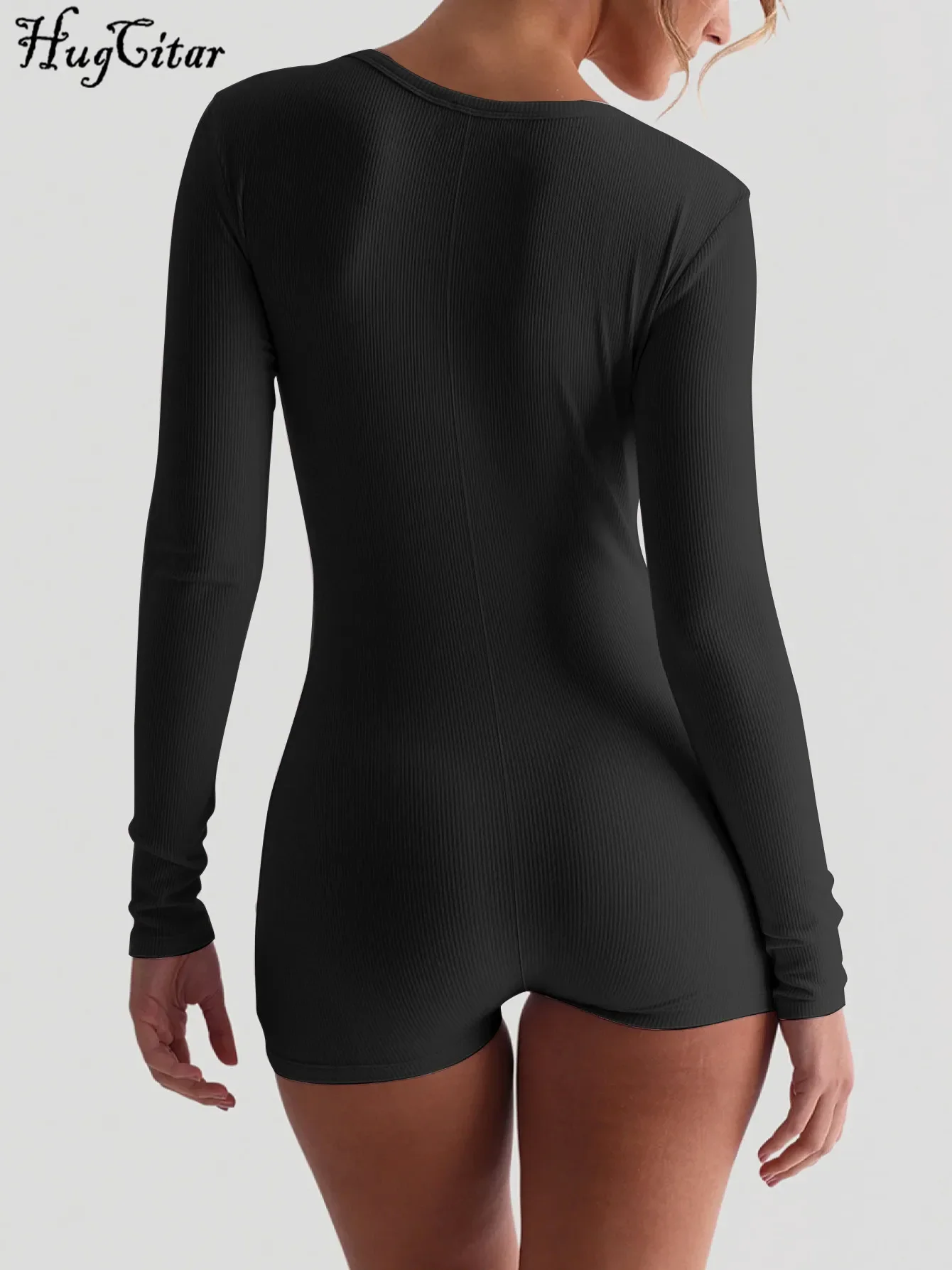 Hugcitar الربيع مضلع الصلبة ساحة طوق كم طويل أزرار مثير Bodycon نحيل Playsuit المرأة عادية رومبير الشارع الشهير الرياضة