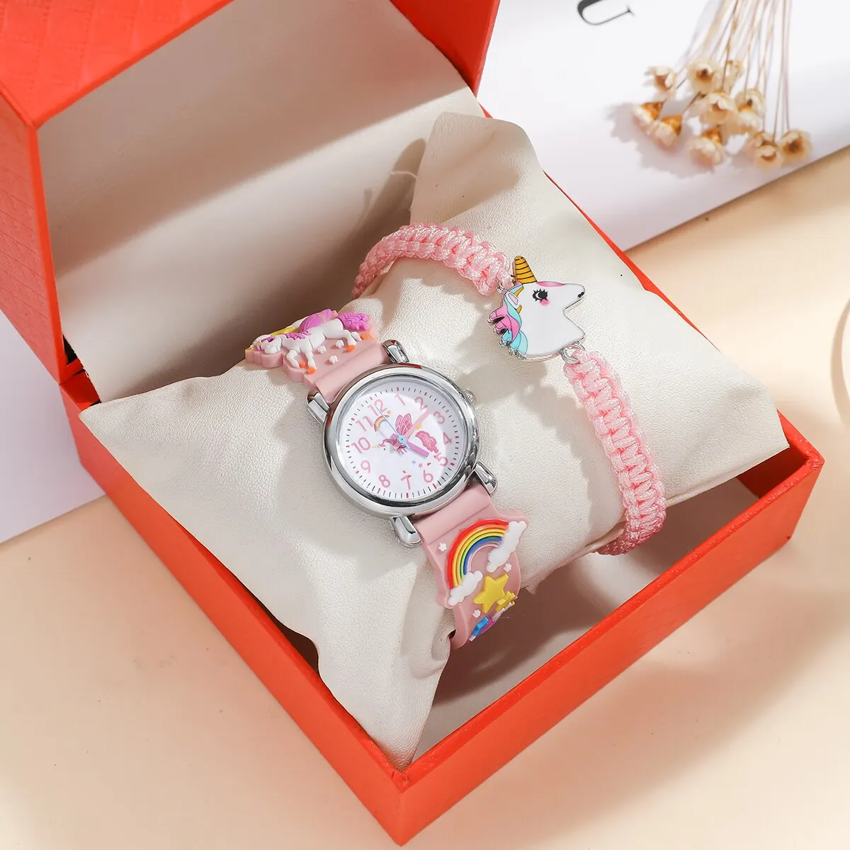 Kids Pink Cute Childrens Wristwatch Cartoon Pattern Quartz Watch Set For Girls Fashion Students Clock Relogio