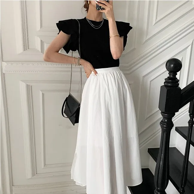 Summer Korean Fashion Slim T Shirt Sweater Women Flying Sleeve Ruffles Tees Top Vintage Elegant Ladies Knitted Woman Pullovers