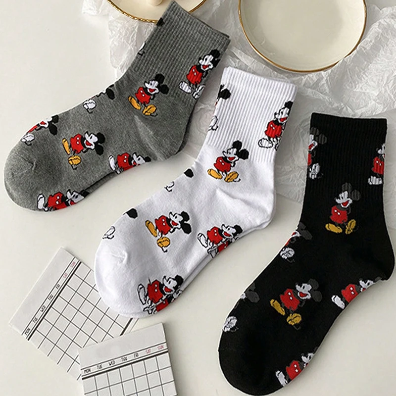 3 Pairs of Exquisite Japanese Cartoon Anime Mickey Pattern Women's Mid Tube Socks Soft and Comfortable Outdoor Casual Socks